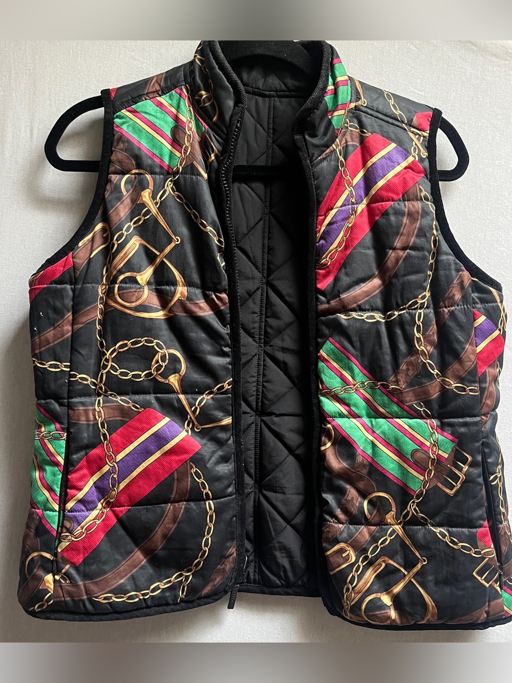 Ralph Lauren Women's Reversible Quilted Black Vest Embroidered Crest - PM